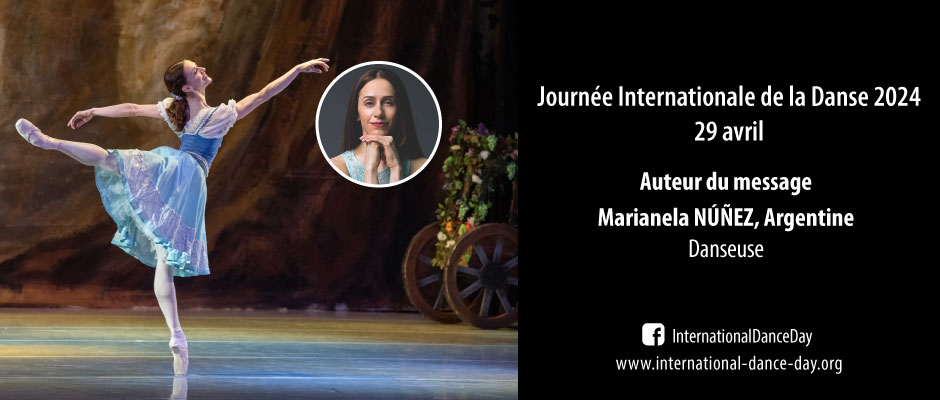 Les 7 manières dont la danse booste votre optimisme : Visuel montrant la danseuse Marianela Núñez avec son nom et la mention de la journée internationale de la danse. 29-04-2024.