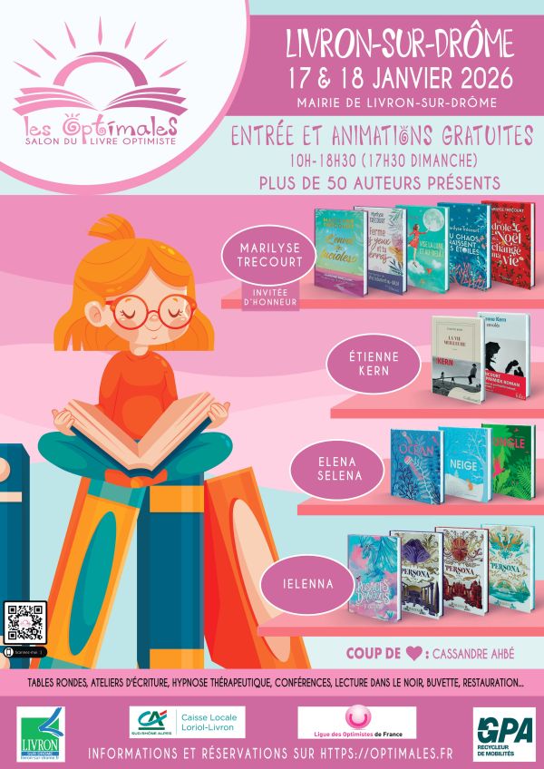 Affiche 2026 des Optimales représentant un personnage assis sur une pile de livres, en train de lire, avec le nom des invités des Optimales, la date 17 et 18 janvier et d'autres informations pratiques.